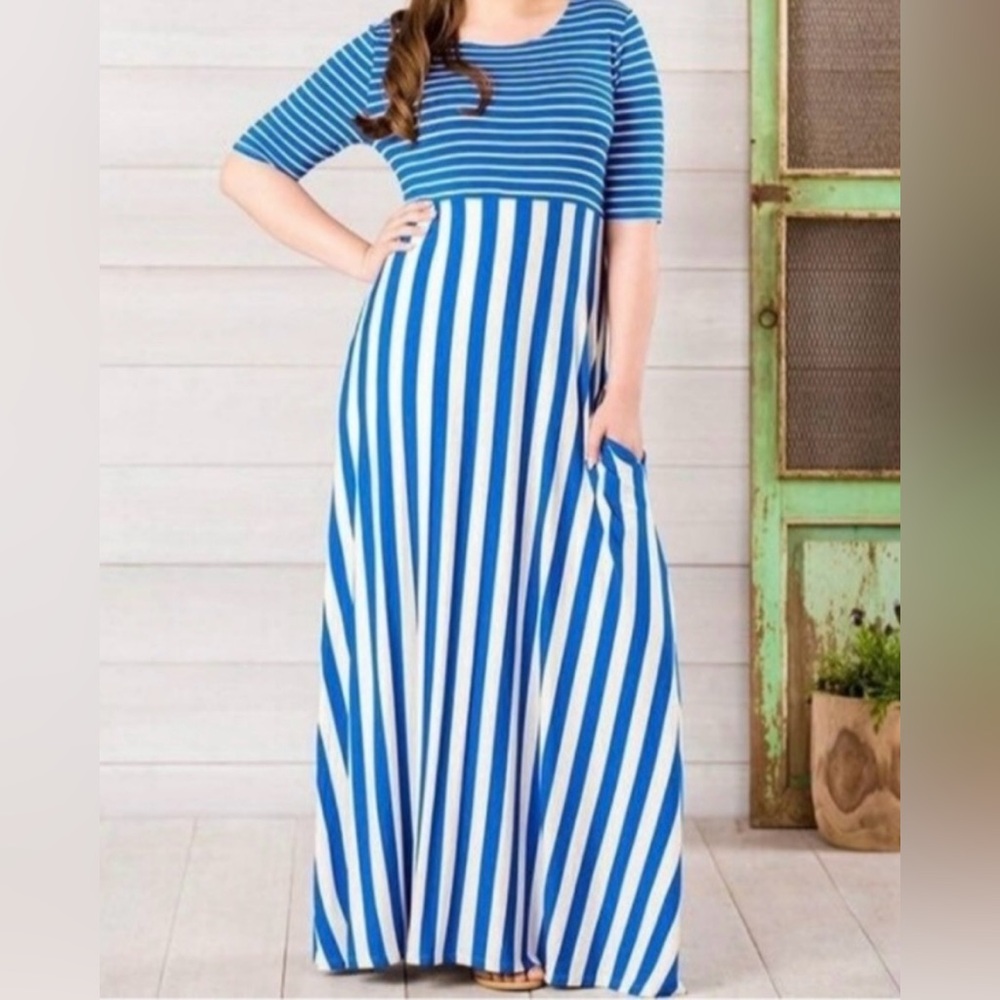 Matilda Jane Women’s Small S Blue Stripe The Road Ahead Scoop Neck Maxi Dress